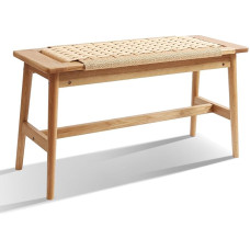 Wooden Dining Bench 33.5 Inch Indoor Dining Bench 100% Natural Solid Oak Hand Woven Entrance Bench Small Bench for Dining Room Bedroom Kitchen (Natural)