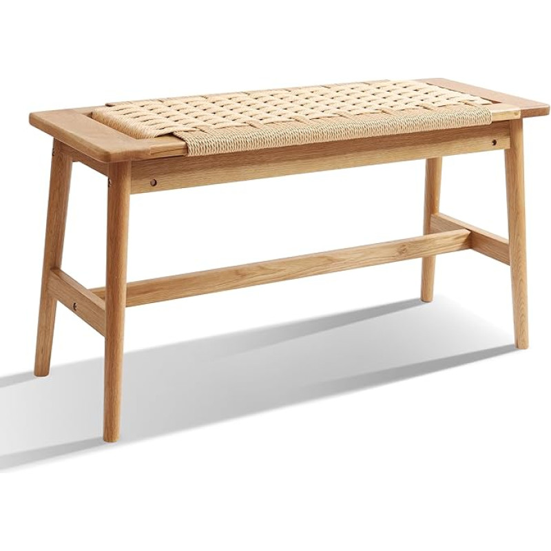 Wooden Dining Bench 33.5 Inch Indoor Dining Bench 100% Natural Solid Oak Hand Woven Entrance Bench Small Bench for Dining Room Bedroom Kitchen (Natural)