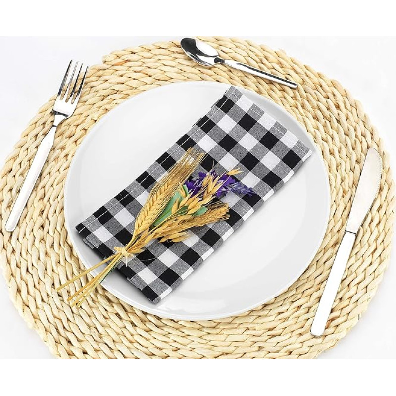 LAN&LAN - Rectangular Check Tablecloth for Indoor Outdoor Dining Camping Sand Picnic with Various Sizes and Models to Choose From (Black, 12 Napkins)