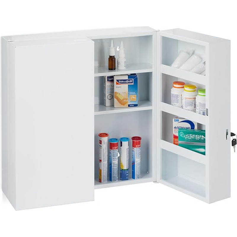 Relaxdays Medicine Cabinet XXL, 2-Door, Steel, 11 Compartments, Lockable 53 x 52.5 x 19.5 cm, White
