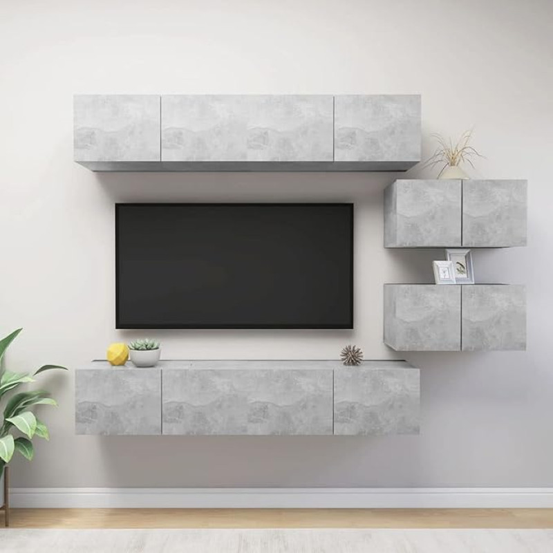 Homgoday TV-Schrank-Set, 6 Stück, betongrau aus Spanplatte, TV-Schrank, niedriger Schrank für TV, Couchtisch, Wohnzimmer, TV-Ständer für Wohnzimmer