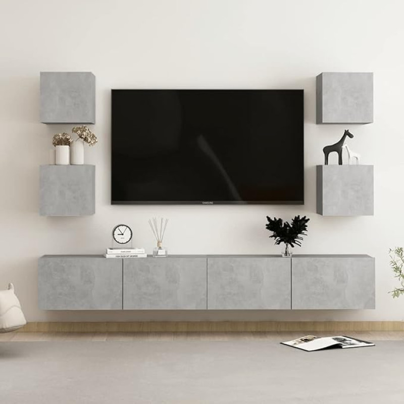 Homgoday TV-Möbel-Set, 6 Stück, Grau, Beton, aus mehrschichtigem Holz, TV-Schrank, niedriger TV-Schrank, Couchtisch, TV-Ständer für TV, Wohnzimmer, Möbel