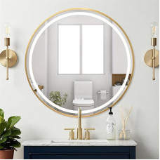 LUVODI Bathroom Mirror Round with Lighting 60 cm Bathroom Mirror Anti-Fog Hanging Decorative Wall Mirror Gold 3 Light Colours Adjustable IP67