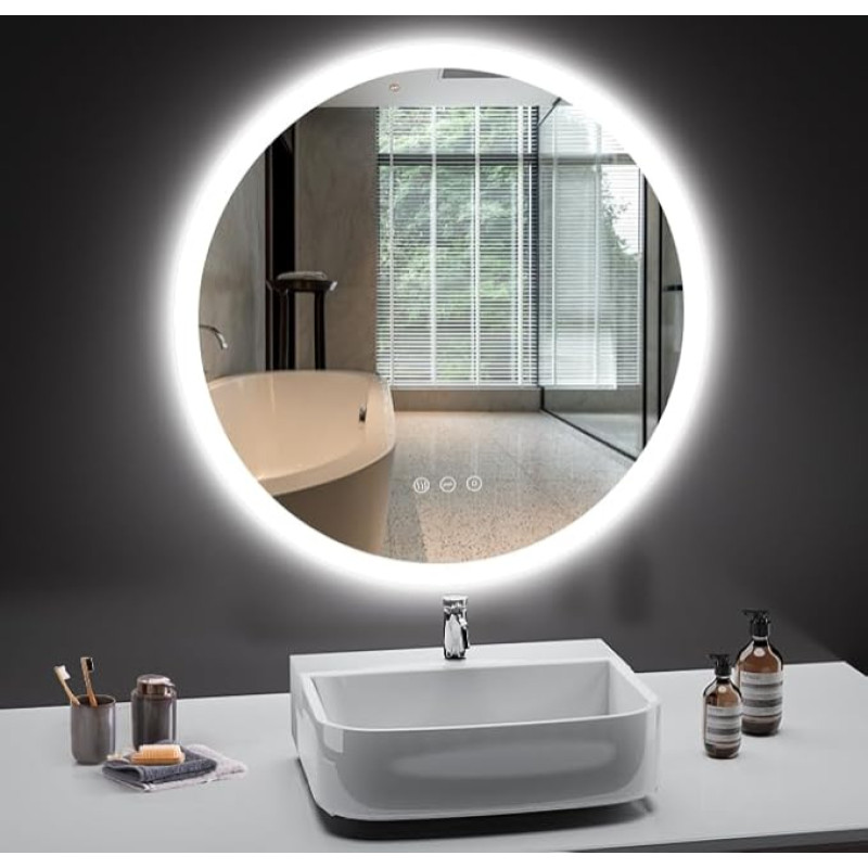 PESENSAN Bathroom Mirror with Lighting, Round, 60 cm, Bathroom Mirror with 3 Light Colours, Dimmable, Anti-Fog LED Bathroom Mirror with Touch, Memory Function, Bathroom Mirror, Wall Mirror, Round