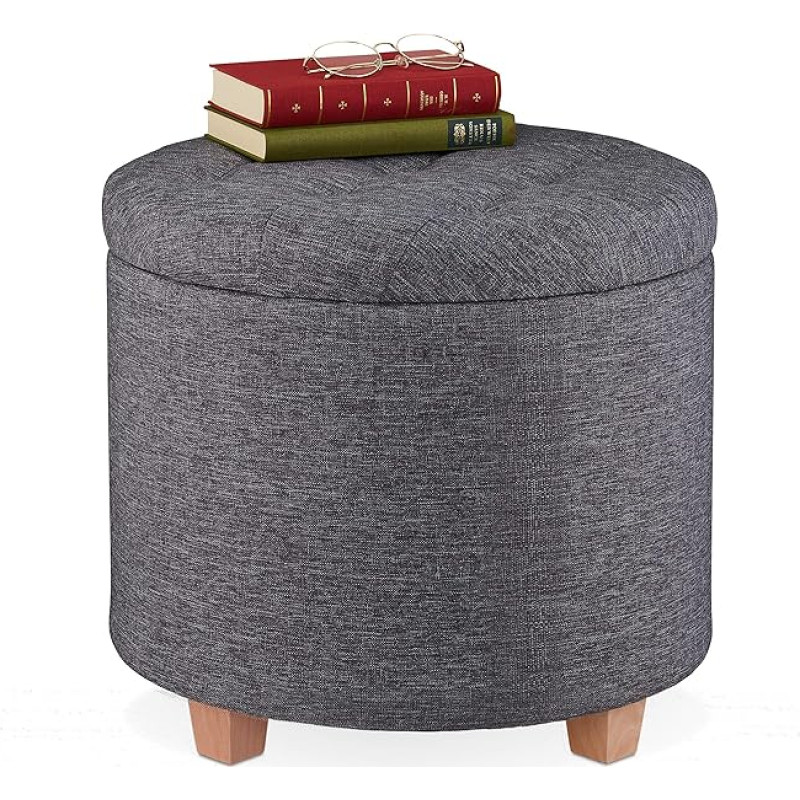 Relaxdays Stool with Storage Space Upholstered Stool Round Living Room Linen Look H x D 41 x 44 cm Dark Grey