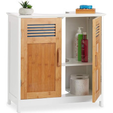 Relaxdays Basin Cabinet with Bamboo Doors, Height Adjustable Base, Siphon Cut-Out, H x B x T: 60 x 60 x 30 cm, natural/white.