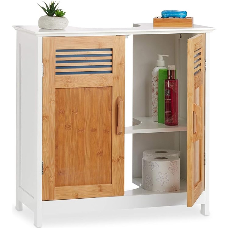 Relaxdays Basin Cabinet with Bamboo Doors, Height Adjustable Base, Siphon Cut-Out, H x B x T: 60 x 60 x 30 cm, natural/white.