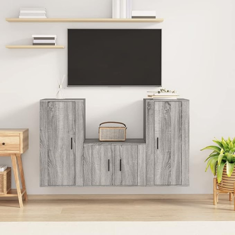 Homgoday TV-Möbel-Set, 3-teilig, Sonoma-Grau, aus mehrschichtigem Holz, TV-Schrank, niedriger Schrank für TV, Couchtisch, Wohnzimmer, TV-Ständer für industrielle Wohnzimmer