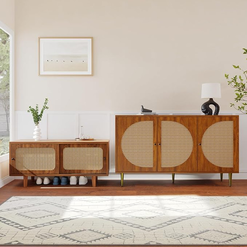 Goeria Rattan Sideboard Set for Living Room - Rattan Chest of Drawers and Shoe Cabinet Combination (Walnut)