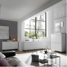 Lomadox Living Room Set in Matt White Modern Metal Runners Black with Chest of Drawers Highboard Sideboard 3-Piece Set