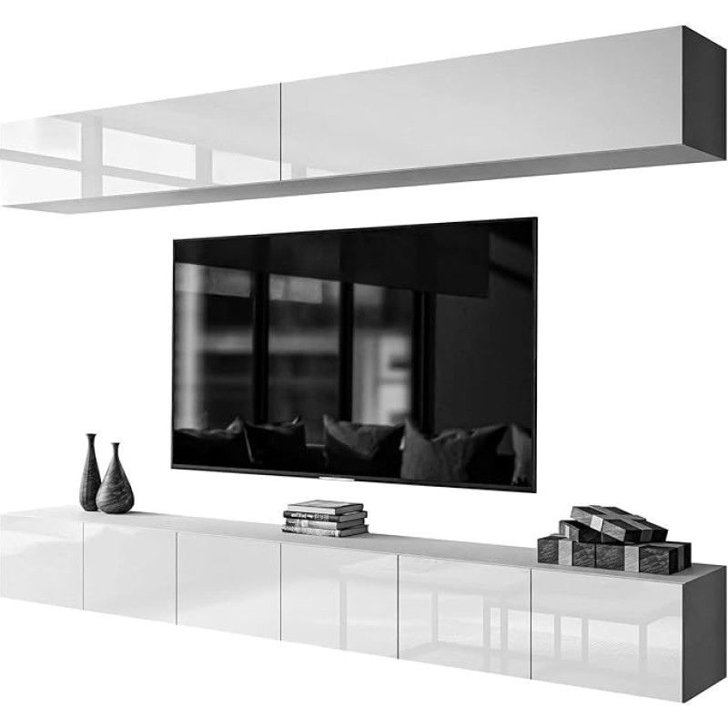 lukmebel Colgante II Wall Unit Lowboard Wall Unit Set TV Cabinet Wall Cabinet White High Gloss HG TV Cabinet with LED Lighting and Push to Open System Sideboard Lowboard Living Room