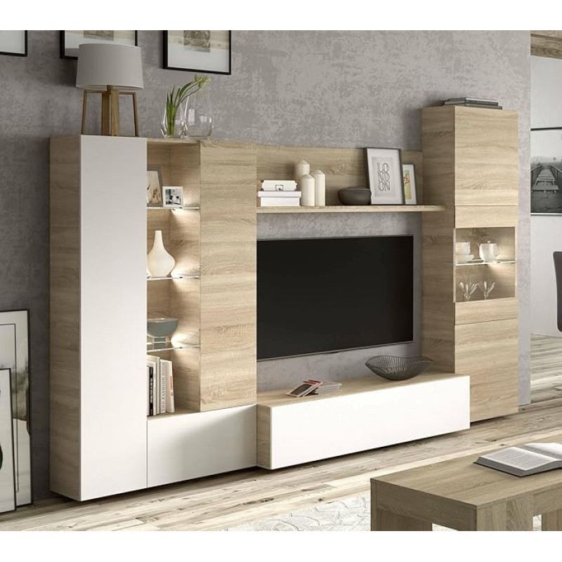 ESSENCIAL TV Cabinet with Classic Glossy White LED and Oak Decoration L 260 cm