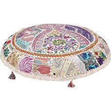 Stylo Culture Ethnic Decorative Round Floor Seat Cushion 100 x 100 cm Large Meditation Cushion Vintage White Boho Patchwork Bean Bag Seat Cushion Cotton Embroidered Floor Cushion Corner