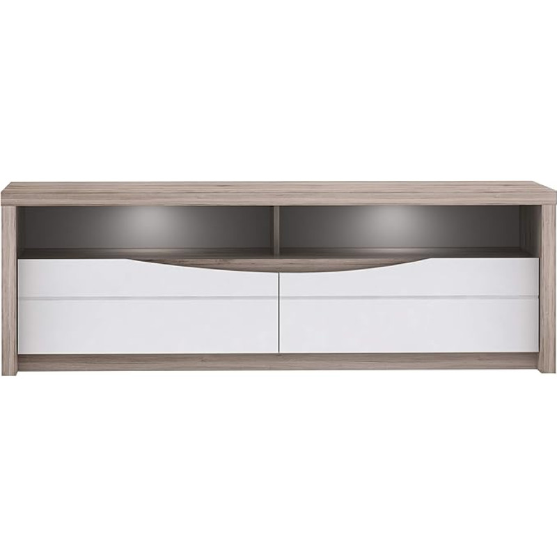 FORTE Saint Tropez TV Cabinet with 2 Drawers, Wood Composite, White Gloss Combined with Sand Oak Decor, 52.7 x 147.7 x 49.3 cm