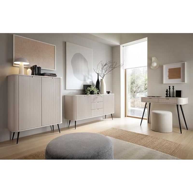 Lomadox Living Room Set Modern Cashmere Beige with Grooved Grooved Sideboard Highboard Console Table Feet Metal in Black