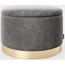 Playboy Round Pouf with Storage in Grey, Anthracite Grey Velvet and Gold Metal Base, Padded Pouf with Velvet Cover, Velvet Seat and Storage Box, Stool, Retro Design, Club Style