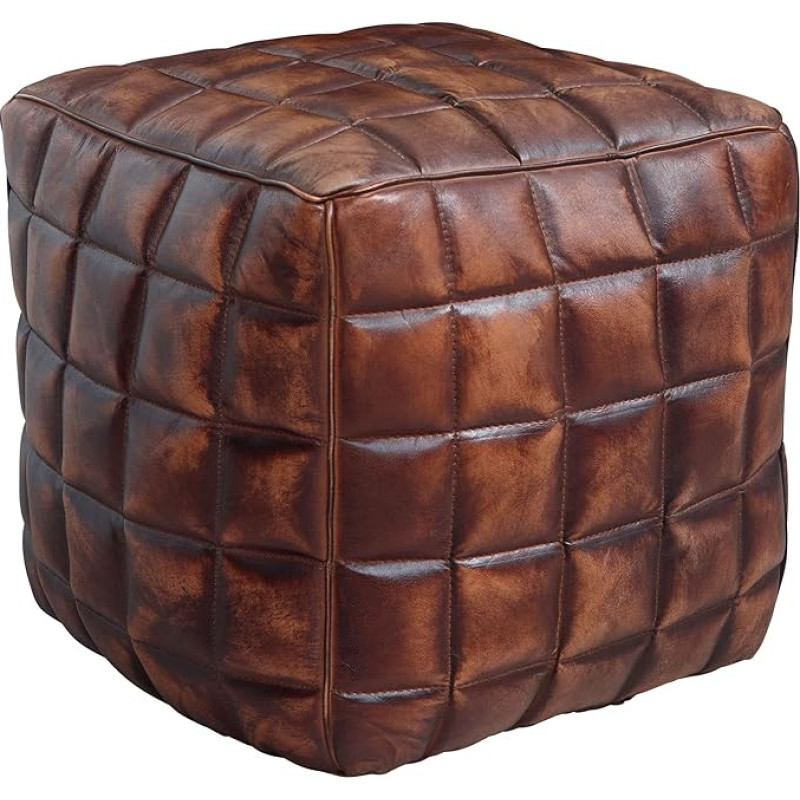 FineBuy Seat Cube Real Leather Brown 39 x 41 x 39 cm Ottoman Living Room Design Pouf Stool Oriental Upholstered Stool Elegant Oriental Leg Rest Sofa Cube Upholstered Stool Square