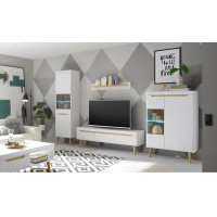 Lomadox Living Room Complete Set in Matt White with Oak, 5-Piece Including Coffee Table, Standing Cabinet, TV Lowboard, Wall Shelf, Display Cabinet and Lighting