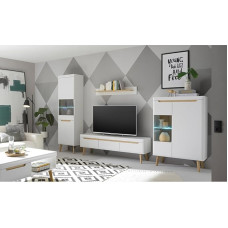 Lomadox Living Room Complete Set in Matt White with Oak, 5-Piece Including Coffee Table, Standing Cabinet, TV Lowboard, Wall Shelf, Display Cabinet and Lighting