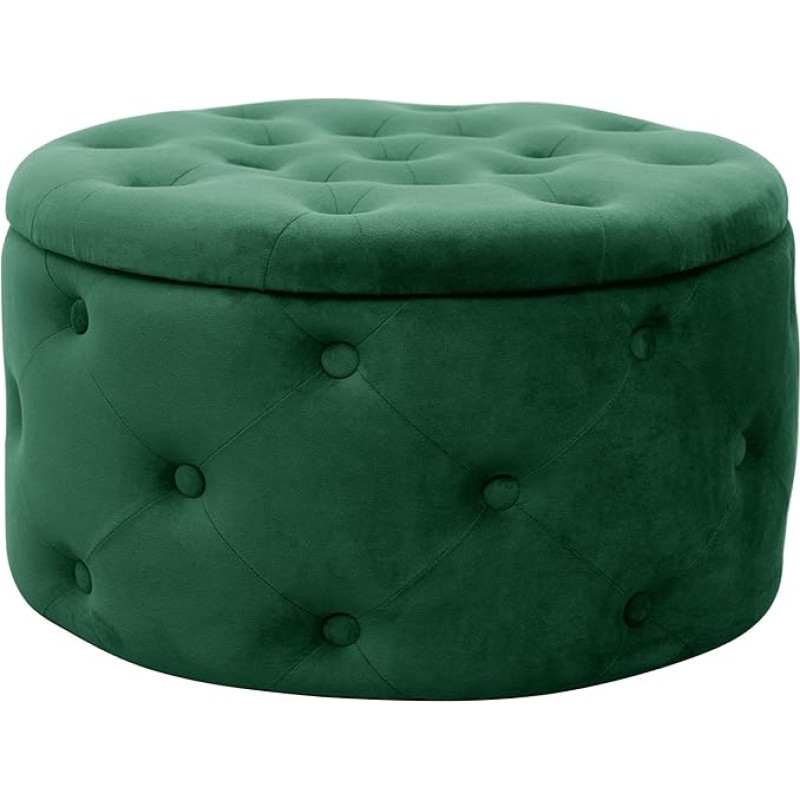 AKORD Alia Quilted Velour Pouf with Shelf 55 cm | Pouffe | Footstool | Storage for Small Items | Velour | Quilted Pouf | W 55 x H 30 x D 55 cm | 8.10 kg | Bottle Green / Bottle Green