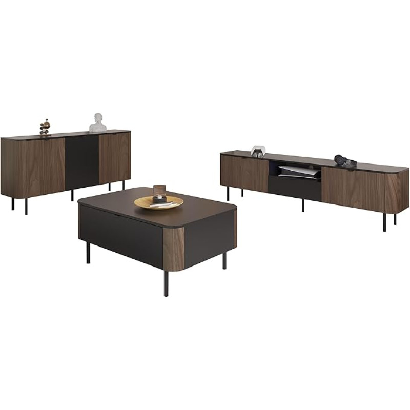 Mirjan24 Timzemt I Living Room Set, Wall Mounted Living Room Cabinet, Cupboard Wall Set, Stylish Coffee Table with 2 Doors, TV Lowboard and Chest of Drawers (Walnut/Black)
