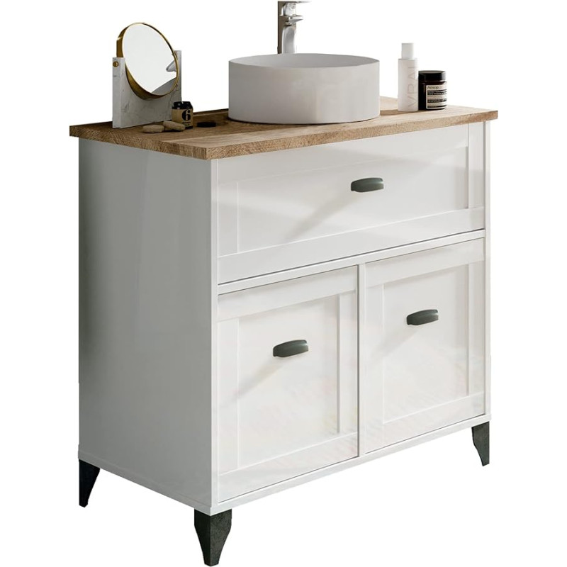 Muebles Pitarch | Bathroom Furniture with Ceramic Basin Included, Width 80 cm, with Legs, Drawer, 2 Doors, White and Cambrian Oak, Vintage Style Toscana
