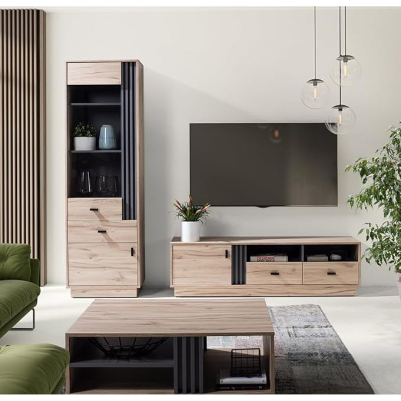 Living Room Furniture Set with Coffee Table, Lowboard & Display Cabinet in Oak with Charcoal Accents, Modern 3 Piece