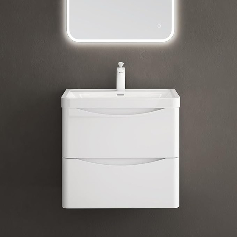 doporro Smile Vanity Unit with Cabinet Wall Mounted Glossy White 60 x 42 x 50 cm Includes Cast Mineral Sink