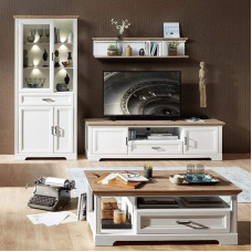 Lomadox Wall Unit Set with Coffee Table in Pine White and Artisan Oak Nb. Display Cabinet Including LED