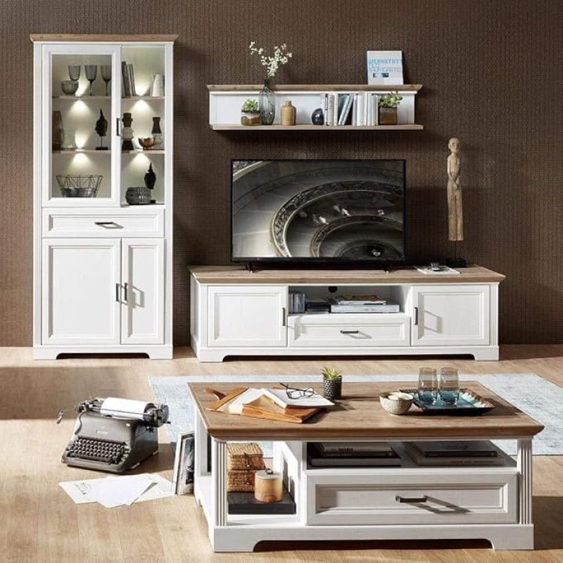 Lomadox Wall Unit Set with Coffee Table in Pine White and Artisan Oak Nb. Display Cabinet Including LED