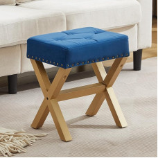 XLSLHOMW Schminkhocker, quadratisch, Ottoman-Stuhl für Make-up-Raum, Ottoman-Fußstütze mit X-Beinen aus Massivholz, gepolsterte Fußstütze, rustikal genietet, Holz/Saphir-Samt + Champagner-Gold
