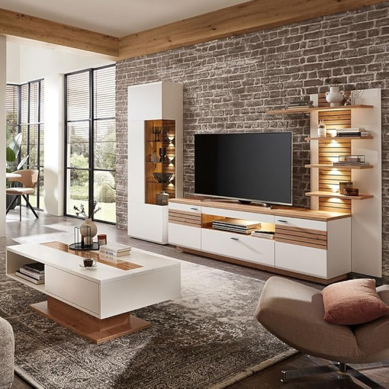 Living Room Furniture Set White with Oak 4-Piece Modern 1 Coffee Table 1 Display Cabinet 1 Lowboard 1 Wall Panel