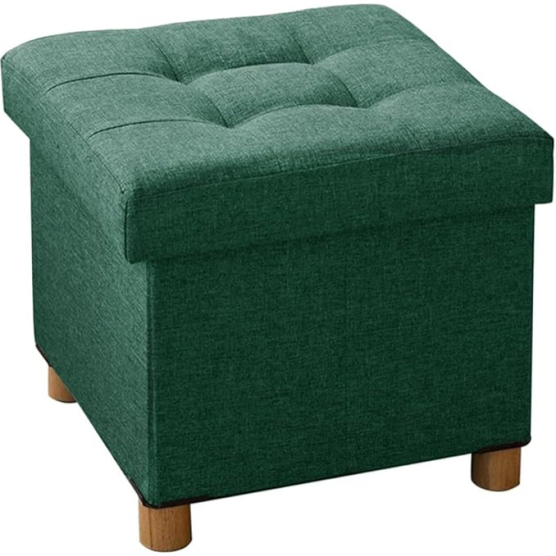 BRIAN & DANY Foldable Ottoman with Wooden Legs, Linen Footstool, Storage Chest with Highly Elastic Sponge Filling, Dark Green, 38 x 38 x 38 cm