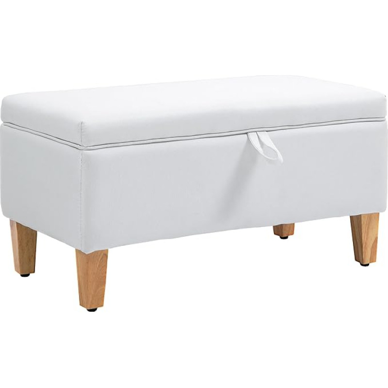 HOMCOM Leinenaufbewahrung Ottomane Gepolsterter Fußhocker mit Beinen aus Gummibaumholz für Aufbewahrungsbox, Bettende, Schuhbank, Sitzgelegenheit, Cremeweiß