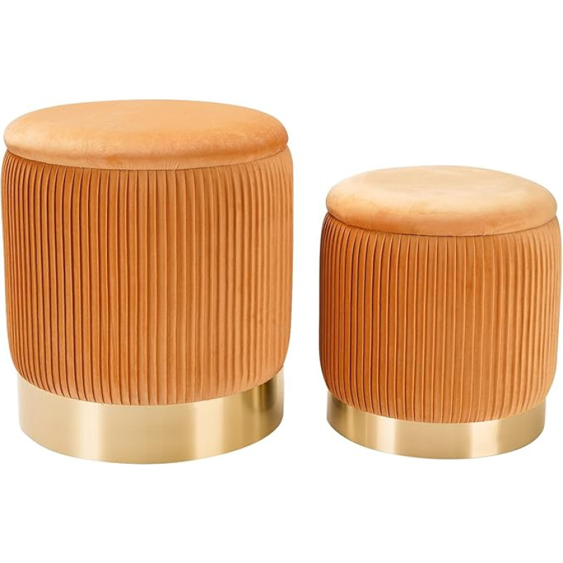 Round Velvet Ottoman with Spacious Storage, Set of 2, Footrest with Gold Metal Hoop and Folded Edge, Multifunctional Side Table & Makeup Stool for Living Room, Bedroom