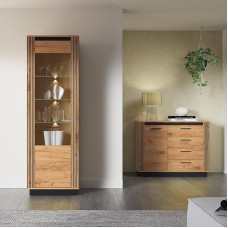 Living Room Furniture Set 2-Piece Chest of Drawers Sideboard Display Cabinet with Lighting Modern Oak with Black