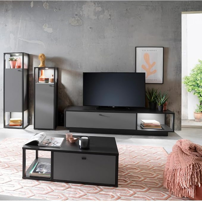 Living Room Furniture Set Grey 4-Piece Modern with Anthracite, 2 Highboards, 1 Lowboard, 1 Coffee Table