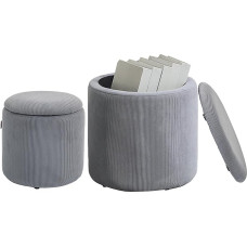 HOMCOM Modern Storage Ottoman with Removable Lid, Fabric Storage Stool, Footstool, Dressing Table Stool, Set of 2, Light Grey