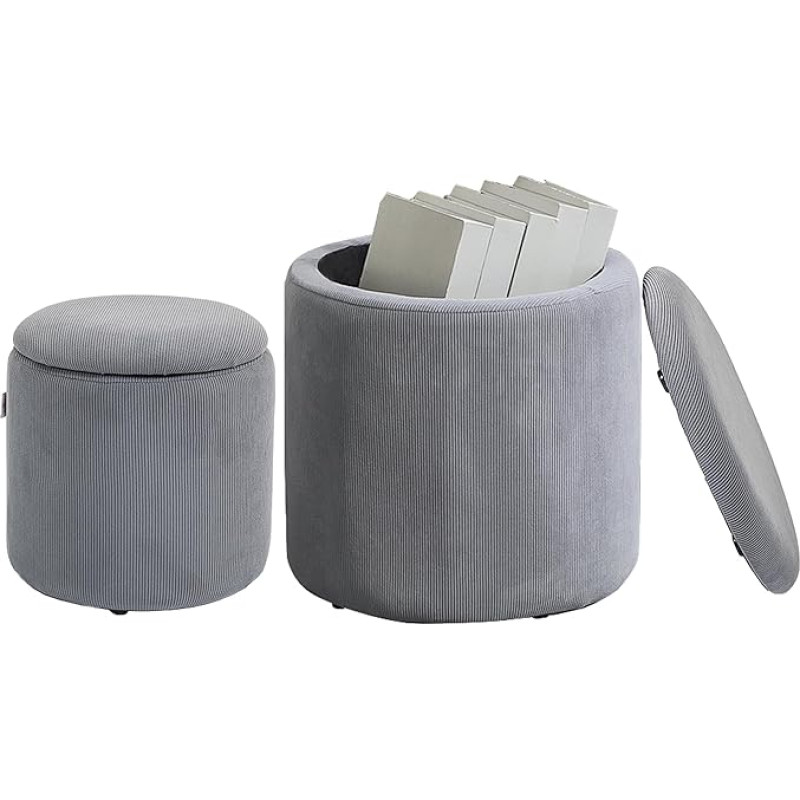 HOMCOM Modern Storage Ottoman with Removable Lid, Fabric Storage Stool, Footstool, Dressing Table Stool, Set of 2, Light Grey