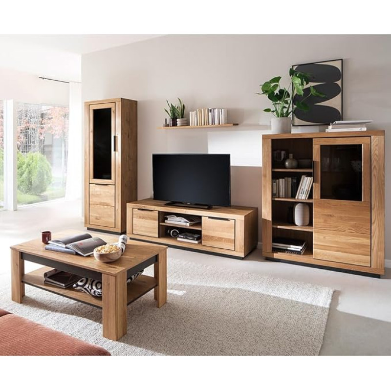 Living Room Furniture Set Partially Solid Oak 5 Pieces 1 Display Cabinet 1 Wall Shelf 1 Lowboard 1 Highboard 1 Coffee Table