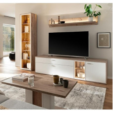 Home Furniture Set Oak White 4-Piece Modern Wall Unit 1 Display Cabinet 1 Wall Shelf 1 Lowboard 1 Coffee Table with LED Lighting