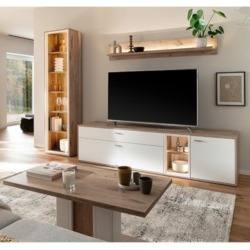 Home Furniture Set Oak White 4-Piece Modern Wall Unit 1 Display Cabinet 1 Wall Shelf 1 Lowboard 1 Coffee Table with LED Lighting
