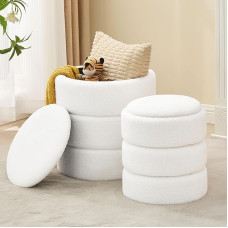 oakvivo Round Ottoman with Storage Set of 2 Soft Teddy Velvet Padded Footstool Vanity Chairs Support 150kg Padded Seat Multifunctional Ottoman Footrest Footrest Footrest