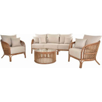 Krines Home Finoo Rattan Group, 4-Piece Garden Furniture Set, Rattan Furniture Set with 3-Seater Sofa, 2 Armchairs and Glass Table, Beige (Light Brown, for 5 People)