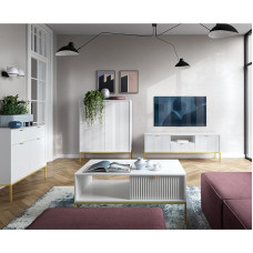 Home Furniture Set Wall Unit White Base Frame Gold-Coloured 4 Pieces 1 Highboard 1 Chest of Drawers 1 Coffee Table 1 Lowboard