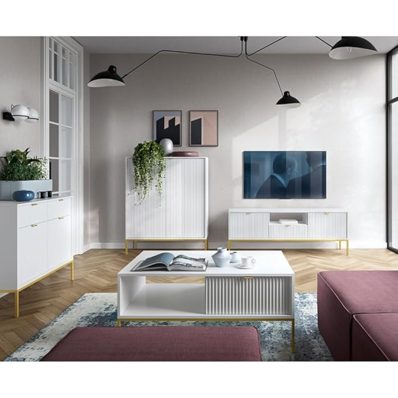 Home Furniture Set Wall Unit White Base Frame Gold-Coloured 4 Pieces 1 Highboard 1 Chest of Drawers 1 Coffee Table 1 Lowboard