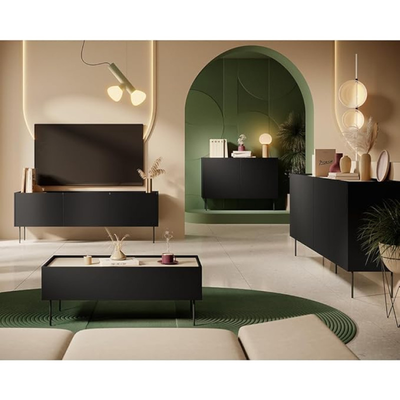 Home Furniture Set Wall Unit in Black Matt with Oak 4-Piece with Coffee Table Lowboard 2 Sideboards Modern Handle-Free