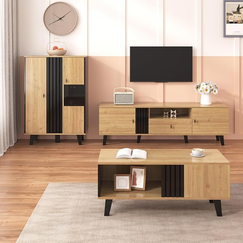 DUlVBPE Wohnzimmermöbel Set 3-teilig – Couchtisch, TV-Schrank & Sideboard – modernes Design in Holz und Schwarz – Viel Stauraum, stilvolle Eleganz für jedes Zuhause