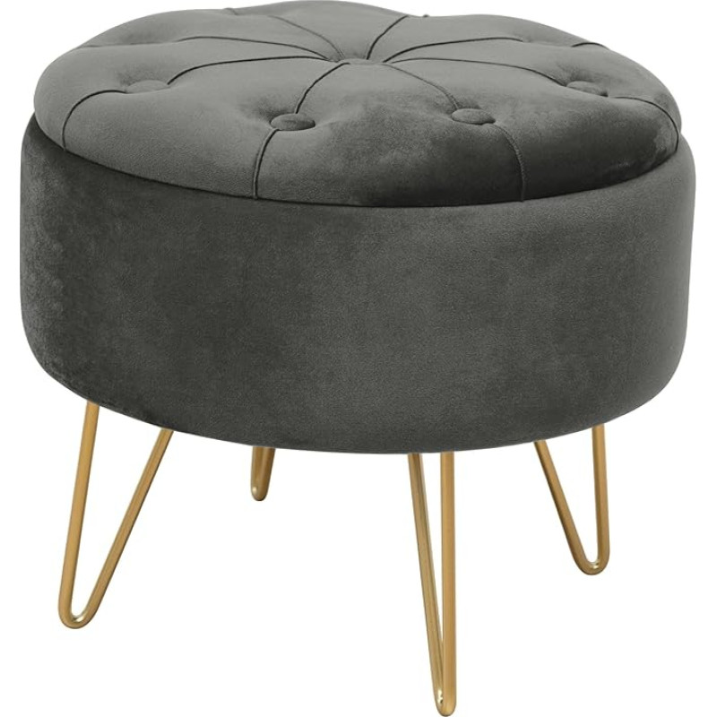 AKORD Stool Caro Quilted Velour with Shelf 38 cm | Pouffe | Footstool | Storage for Small Items | Velour | Quilted Pouf | W 38 x H 33 x D | 4.60 kg | Graphite Grey/Graphite Grey