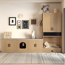 2-in-1-Haustiermöbel-Set–Multifunktionale Schrankbank und hohe Schubladenkommode–Kommt mit Hundebett, Katzenhöhle, Kratzbaum, Futterstation und Stauraum–Versteckter Katzenschrank, Katzentoilette,Einga